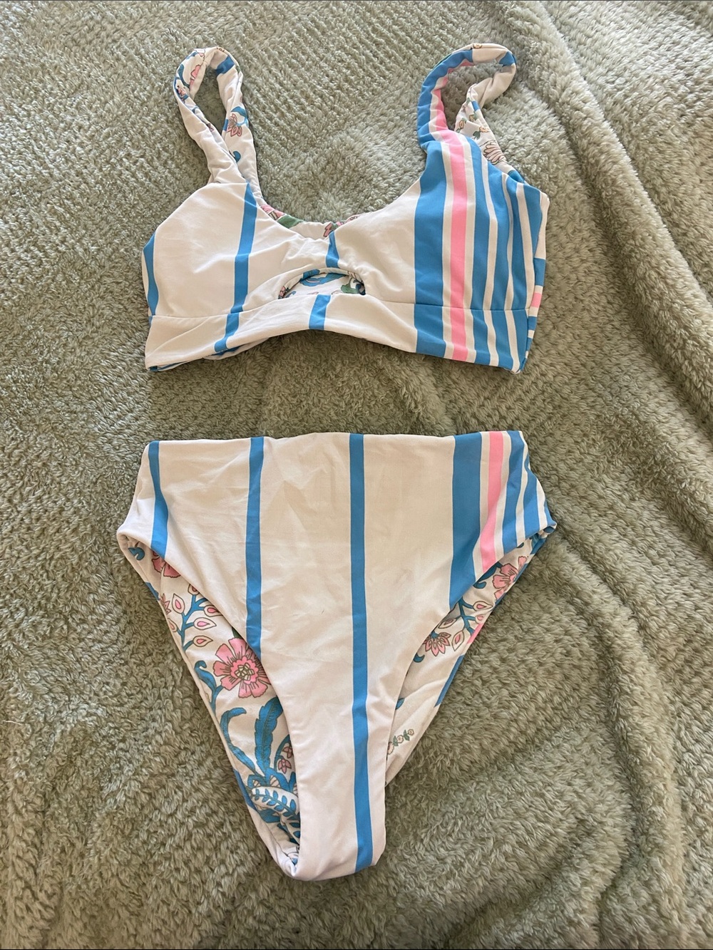 Striped Blue & Pink High-Waist Bikini Set